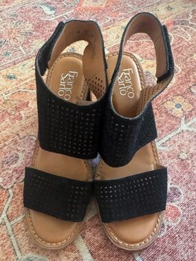 Franco Sarto Black Perforated Two-Band Slingback heels